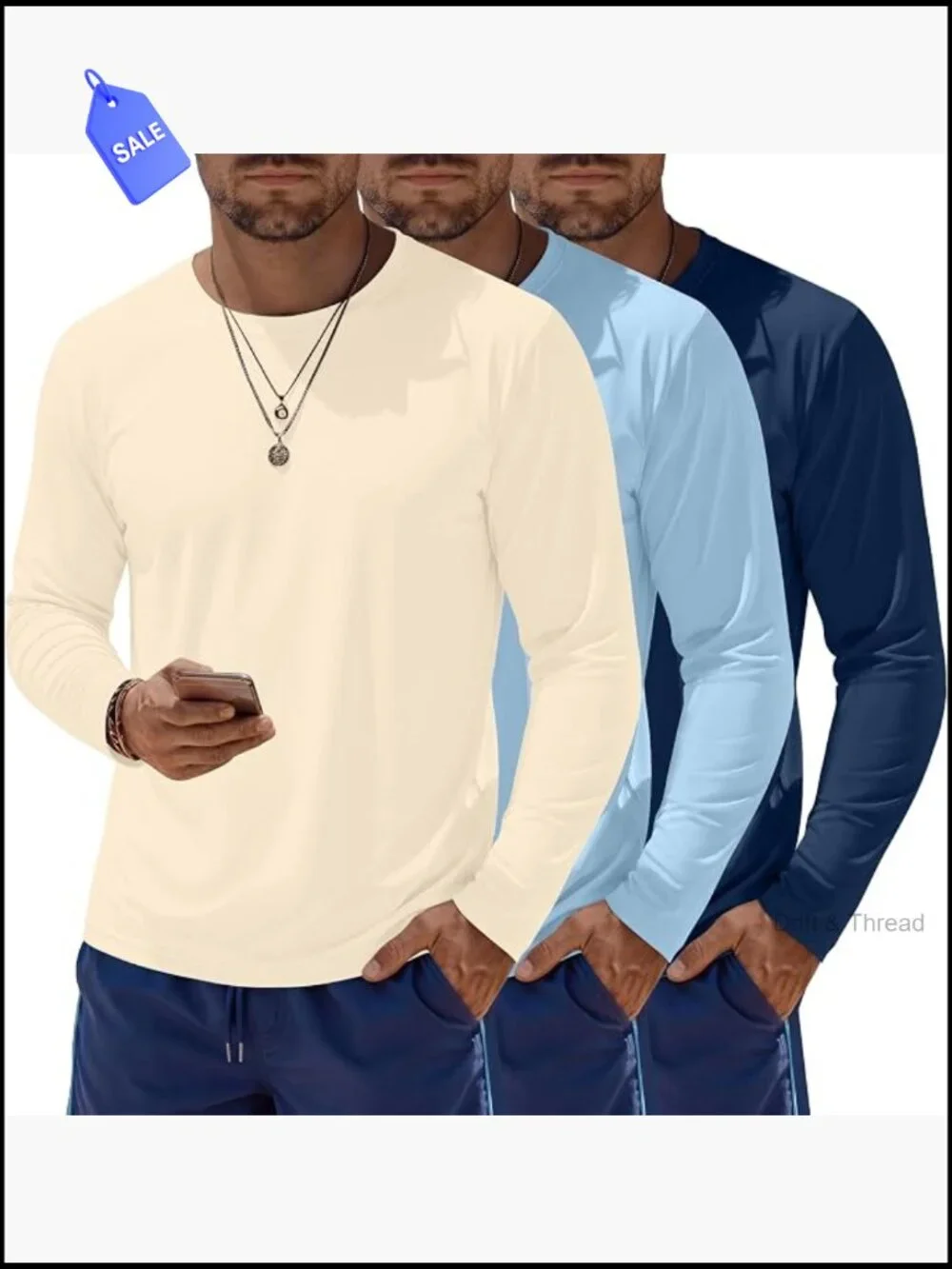 Men's UPF 50+ Long Sleeve Rash Guard 3 Pack Quick Dry Sun Protection